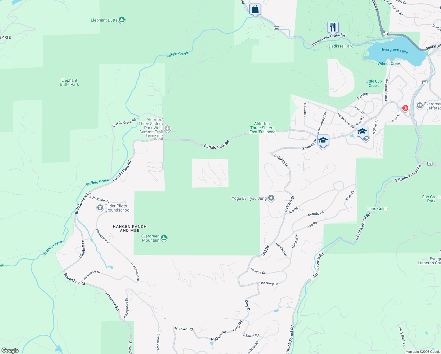 map of restaurants, bars, coffee shops, grocery stores, and more near 5391 3 Sisters Circle in Evergreen