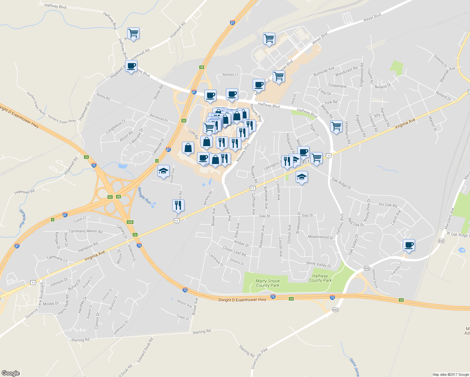 map of restaurants, bars, coffee shops, grocery stores, and more near 17324 Virginia Avenue in Hagerstown