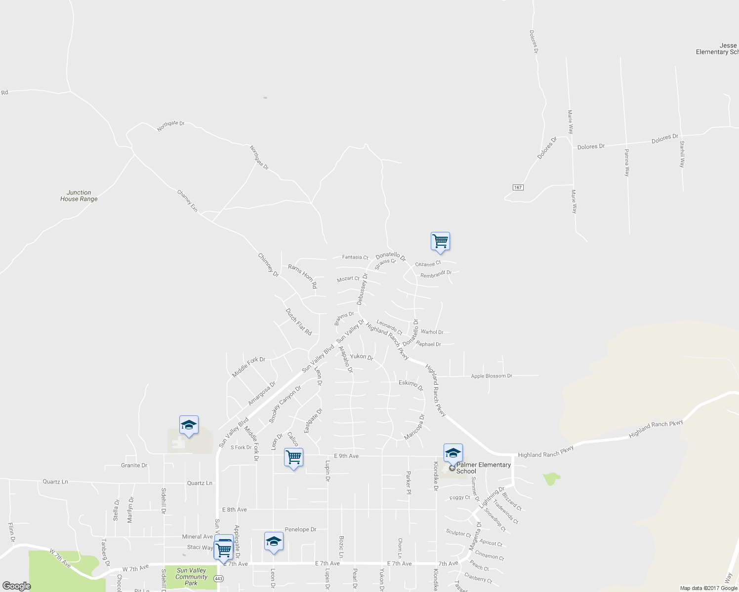 map of restaurants, bars, coffee shops, grocery stores, and more near 6996 Haydn Court in Sun Valley