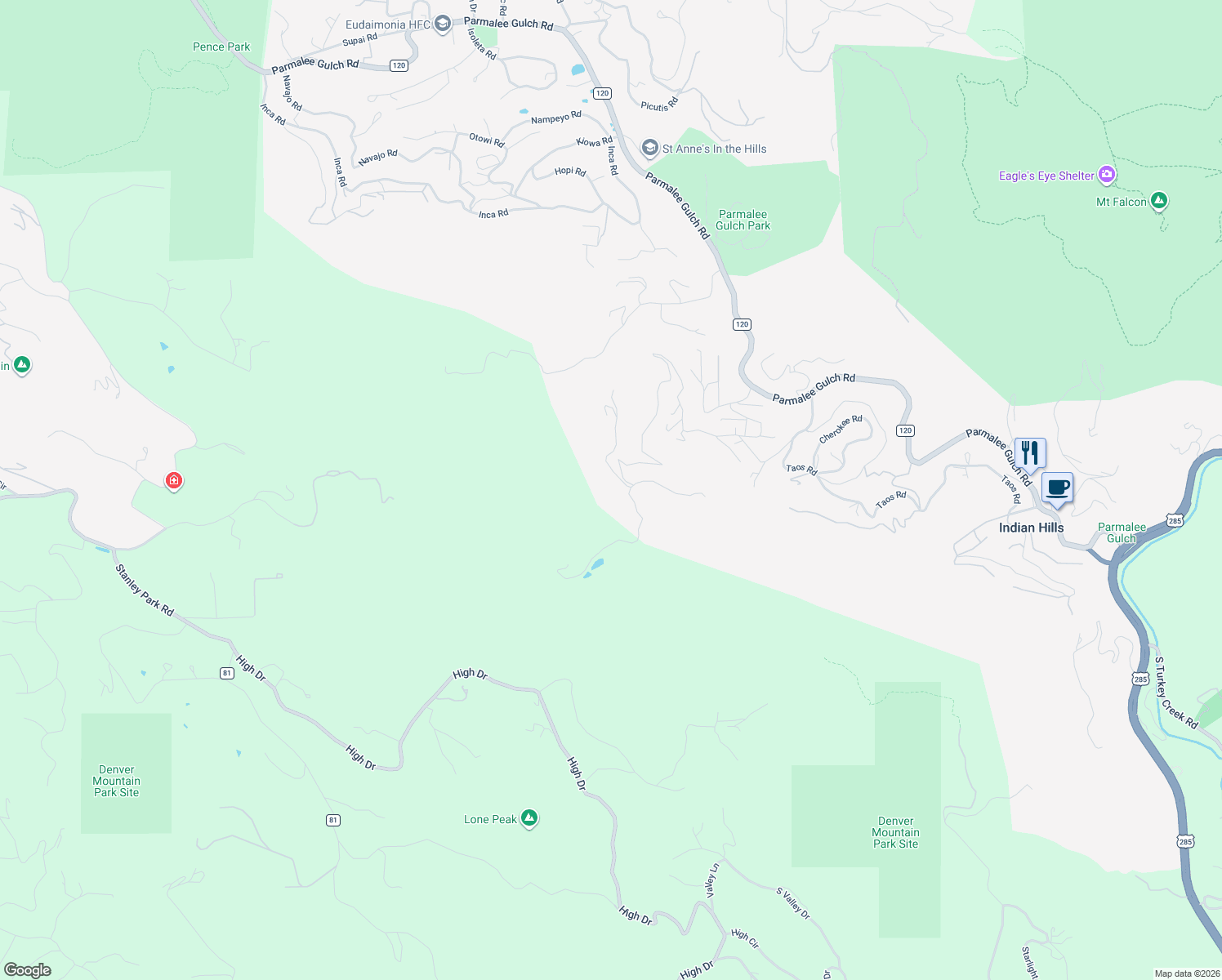 map of restaurants, bars, coffee shops, grocery stores, and more near 22637 Shawnee Road in Indian Hills