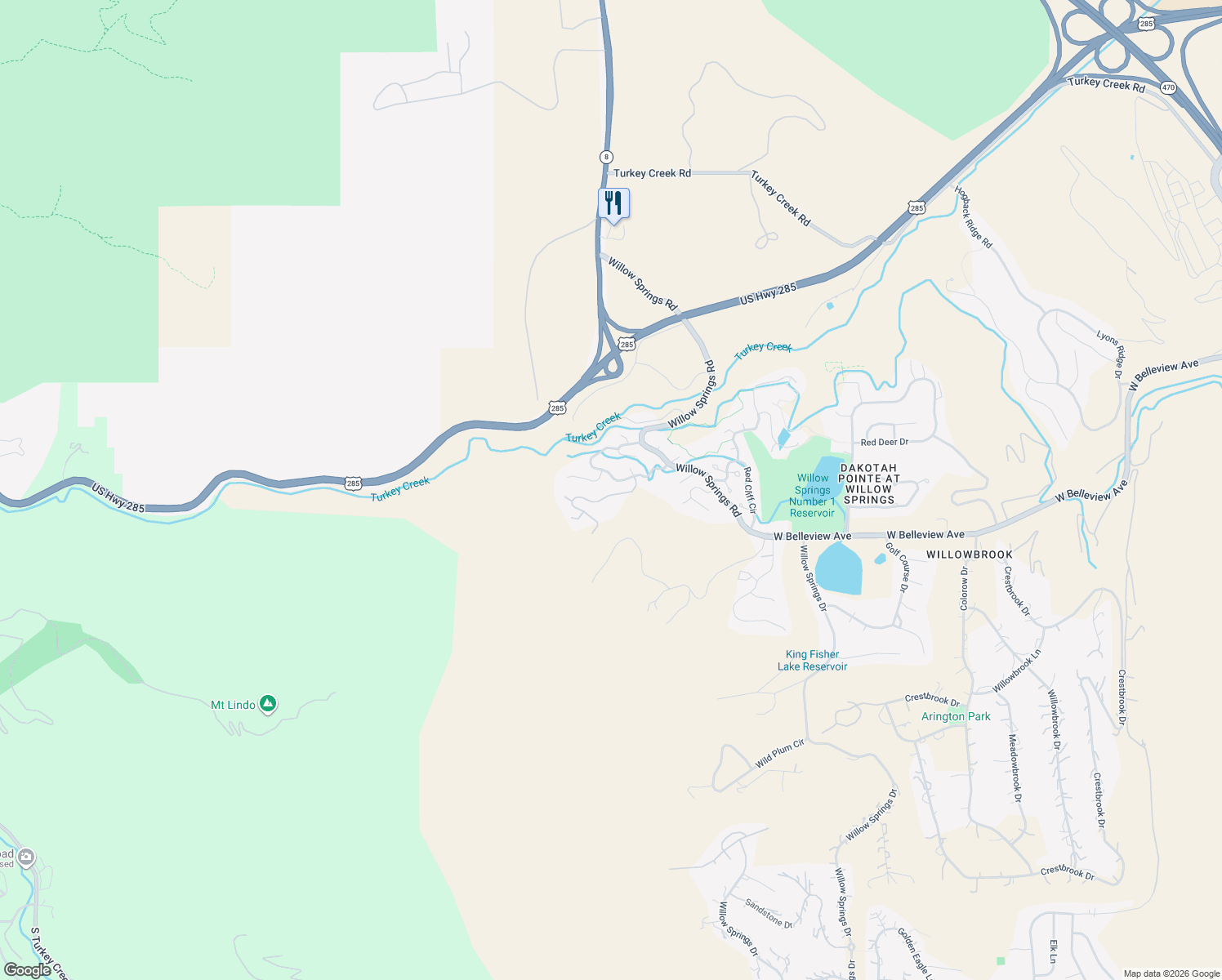 map of restaurants, bars, coffee shops, grocery stores, and more near 17140 Snowcreek Lane in Morrison
