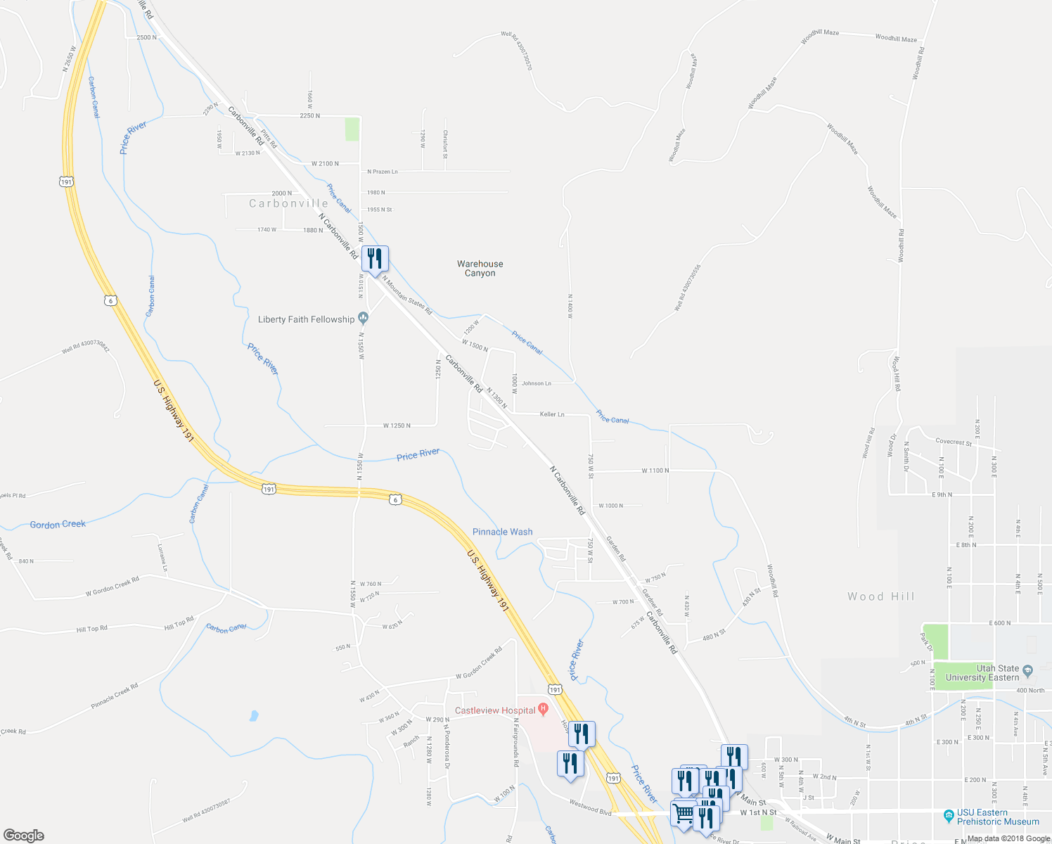 map of restaurants, bars, coffee shops, grocery stores, and more near 947 Keller Lane in Price