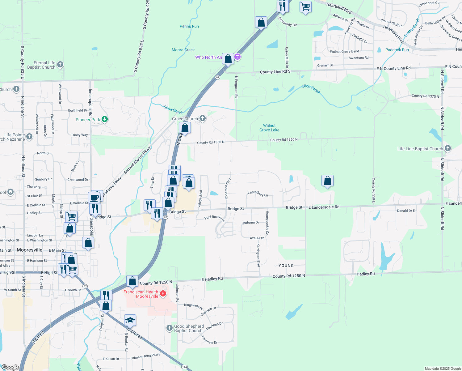 map of restaurants, bars, coffee shops, grocery stores, and more near 1263 Ironwood Drive in Mooresville