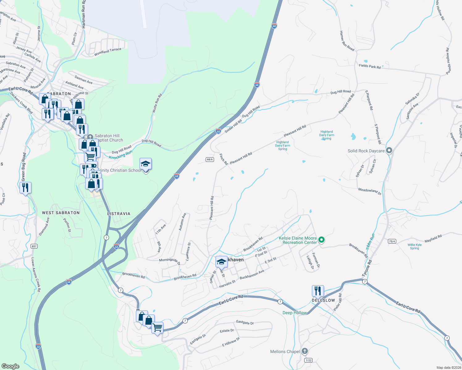 map of restaurants, bars, coffee shops, grocery stores, and more near 474 Pleasant Hill Road in Morgantown