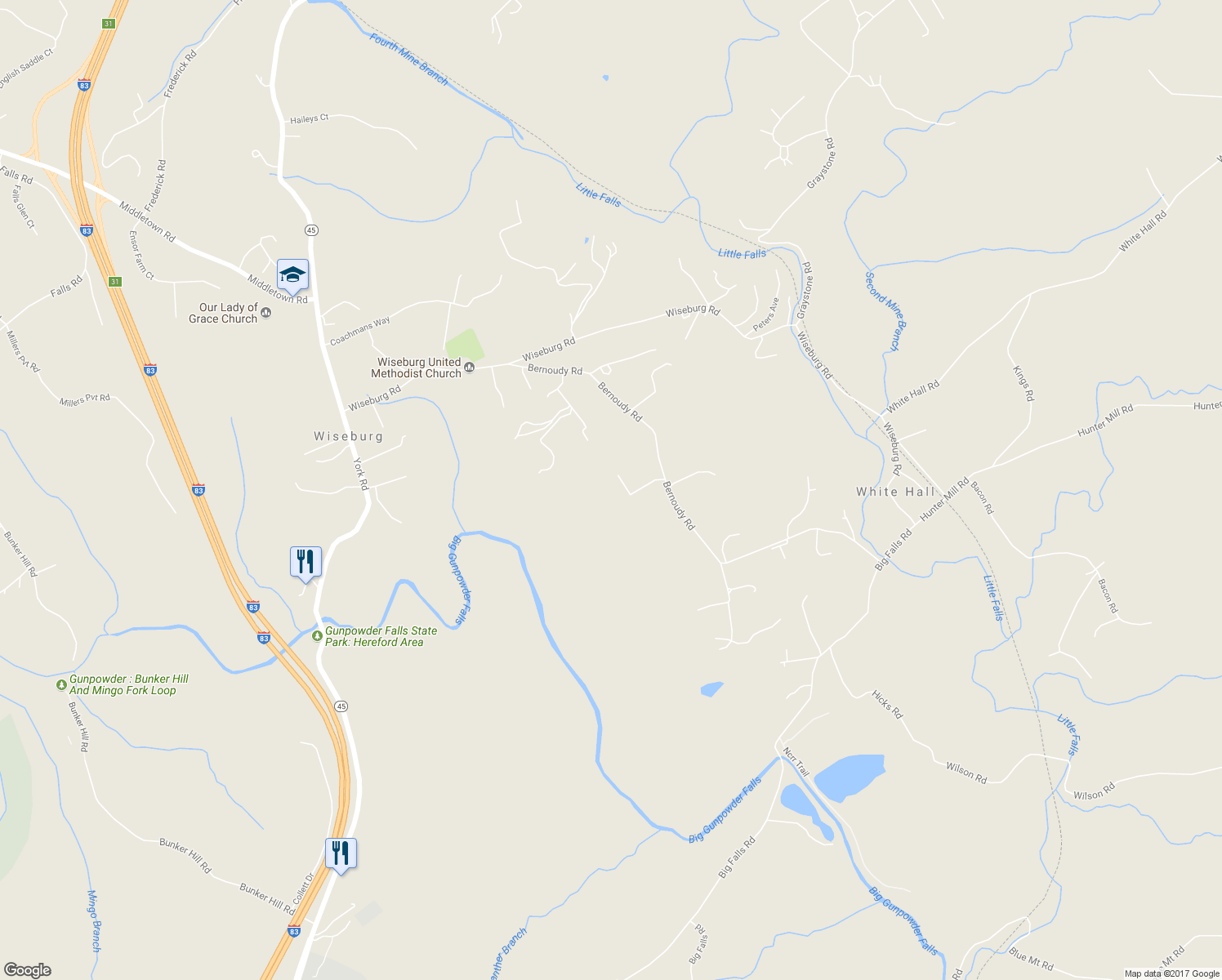 map of restaurants, bars, coffee shops, grocery stores, and more near 1115 Bernoudy Road in White Hall