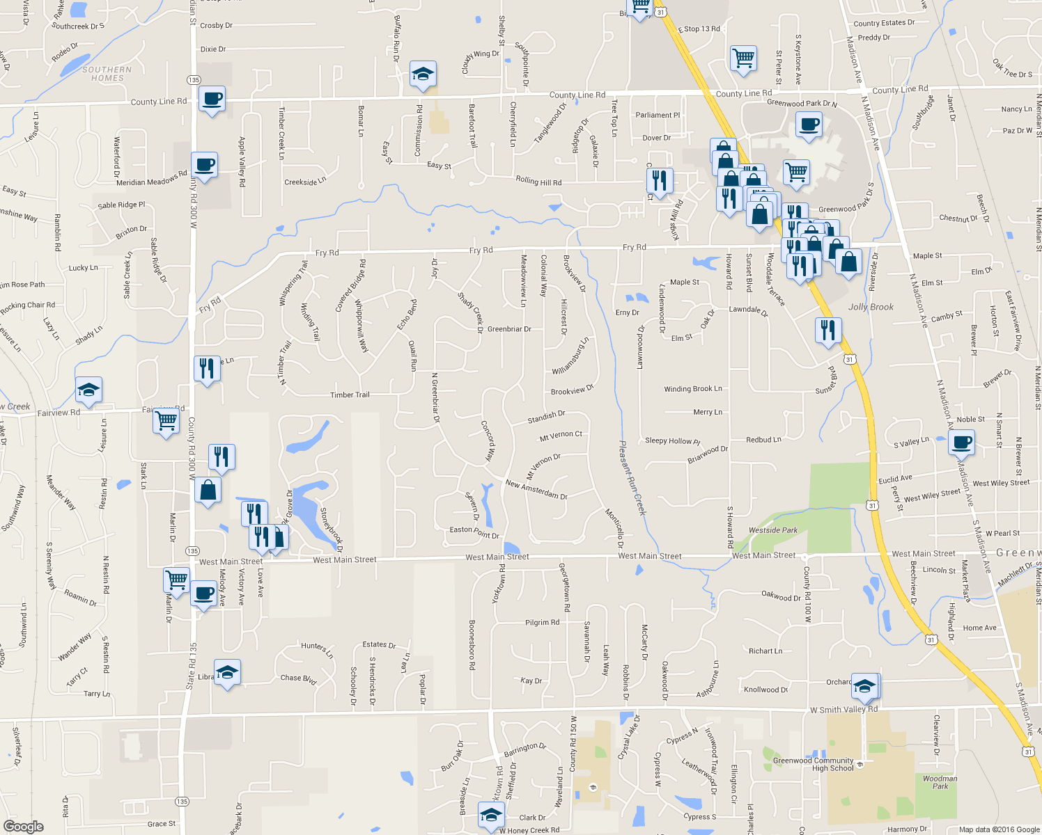 map of restaurants, bars, coffee shops, grocery stores, and more near 1177 Standish Drive in Greenwood