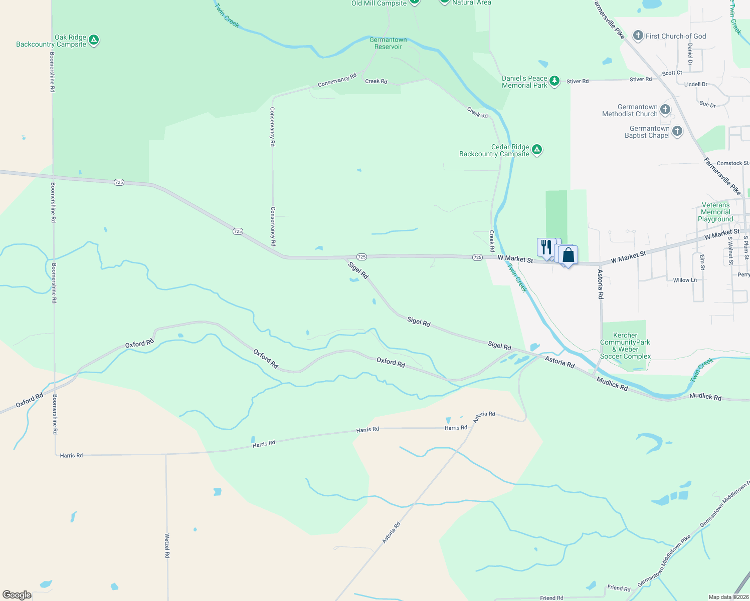 map of restaurants, bars, coffee shops, grocery stores, and more near 12008 Sigel Road in Germantown