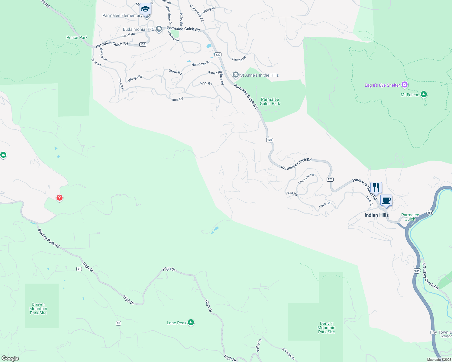 map of restaurants, bars, coffee shops, grocery stores, and more near 22577 Shawnee Road in Indian Hills