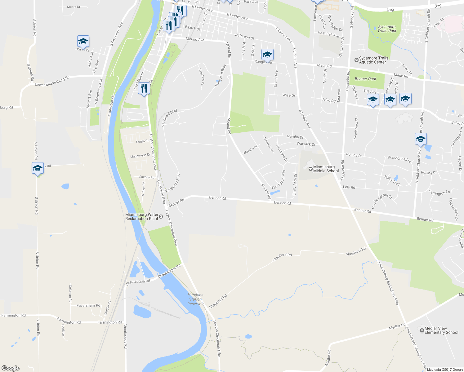 map of restaurants, bars, coffee shops, grocery stores, and more near 5819 Benner Rd in Miamisburg