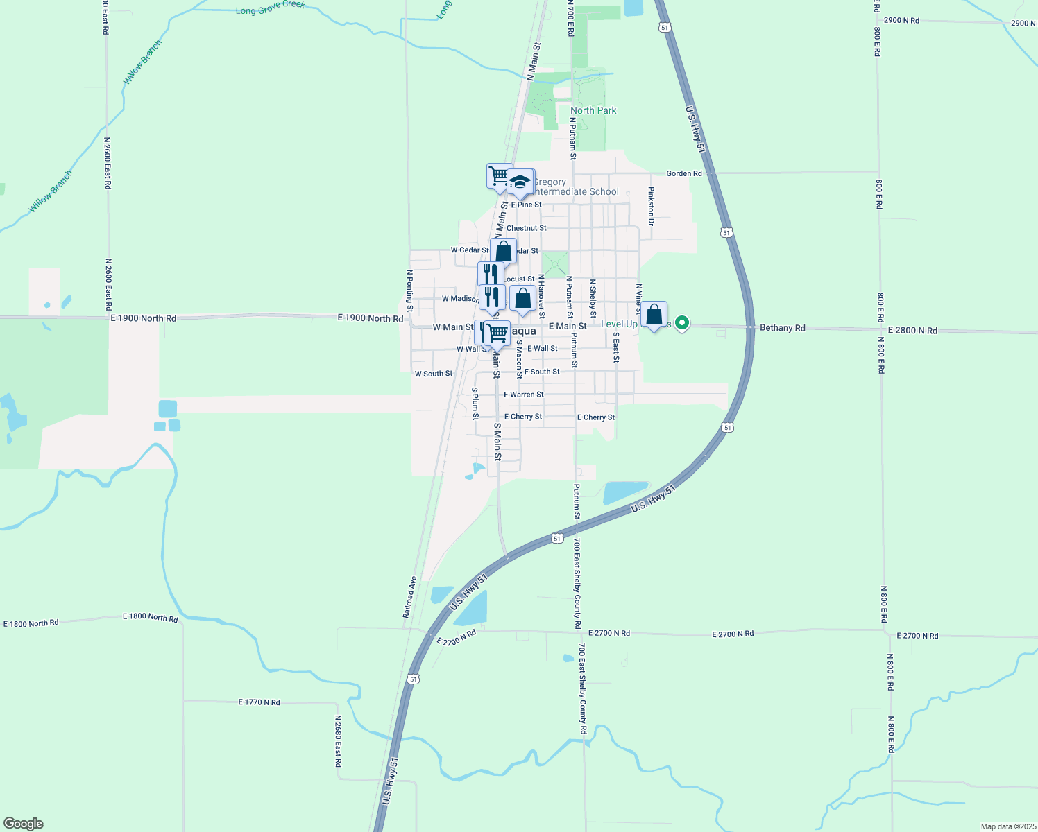 map of restaurants, bars, coffee shops, grocery stores, and more near 199 E Cherry St in Moweaqua
