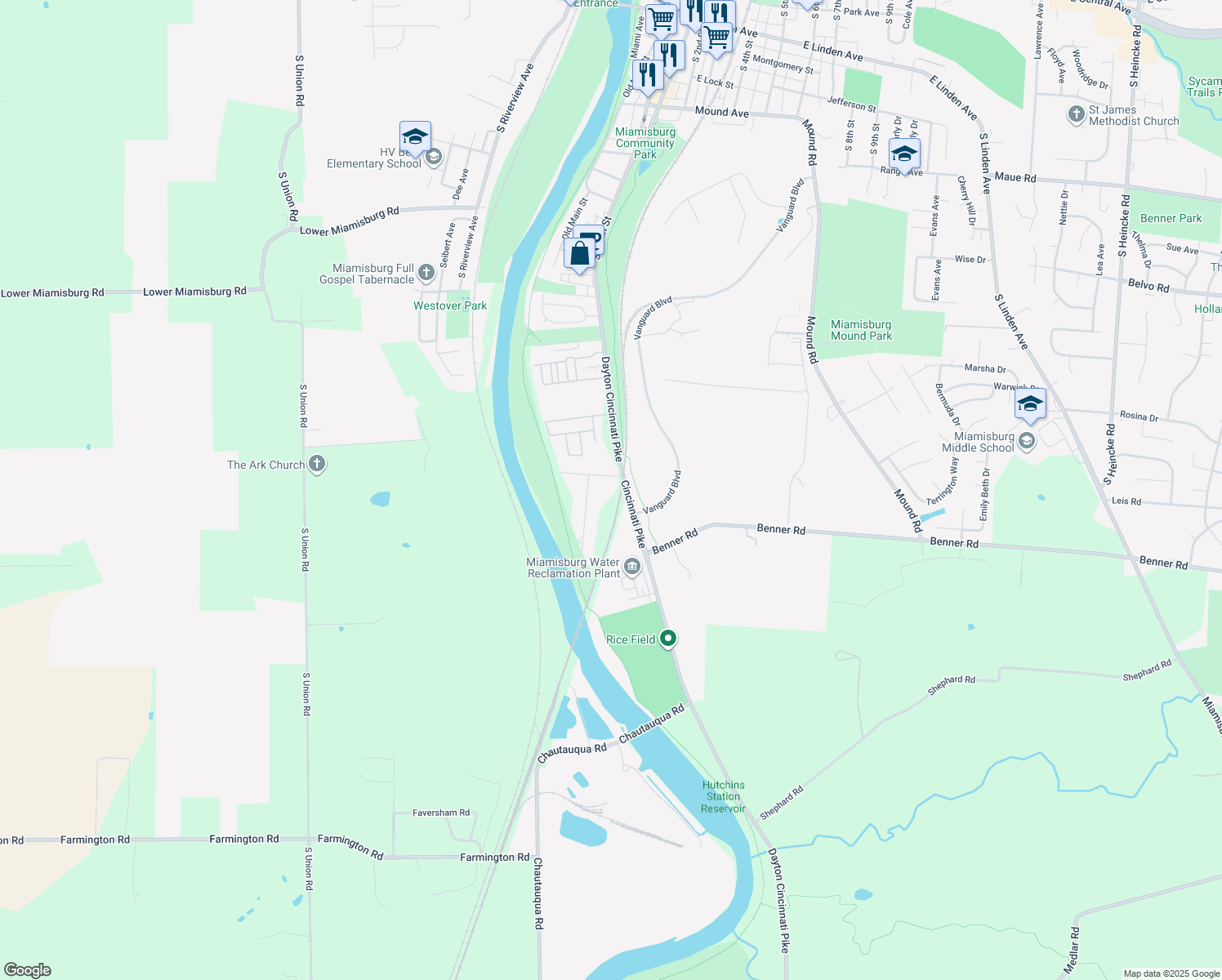 map of restaurants, bars, coffee shops, grocery stores, and more near 6242 Saxony Road in Miamisburg