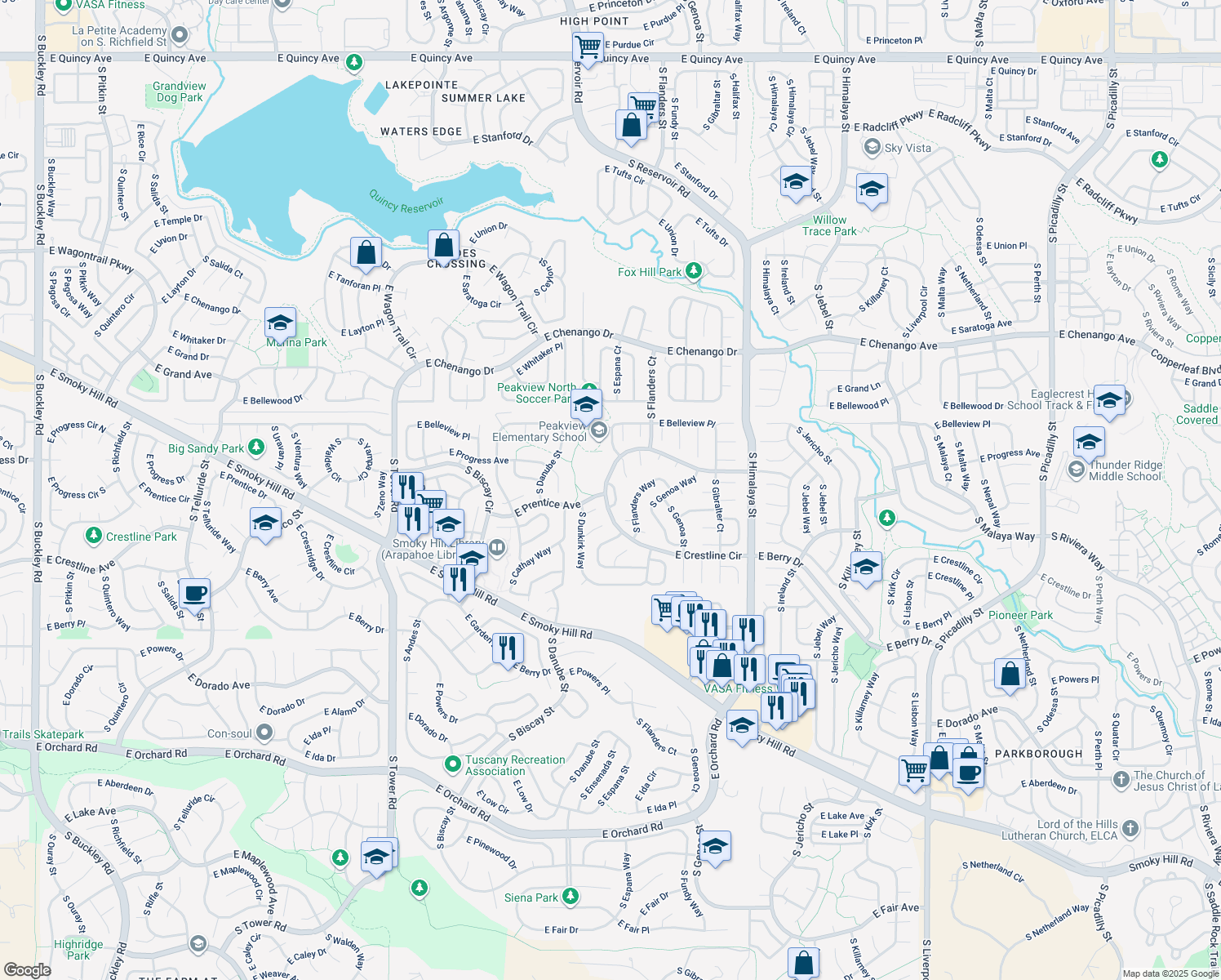 map of restaurants, bars, coffee shops, grocery stores, and more near 5227 South Espana Circle in Centennial