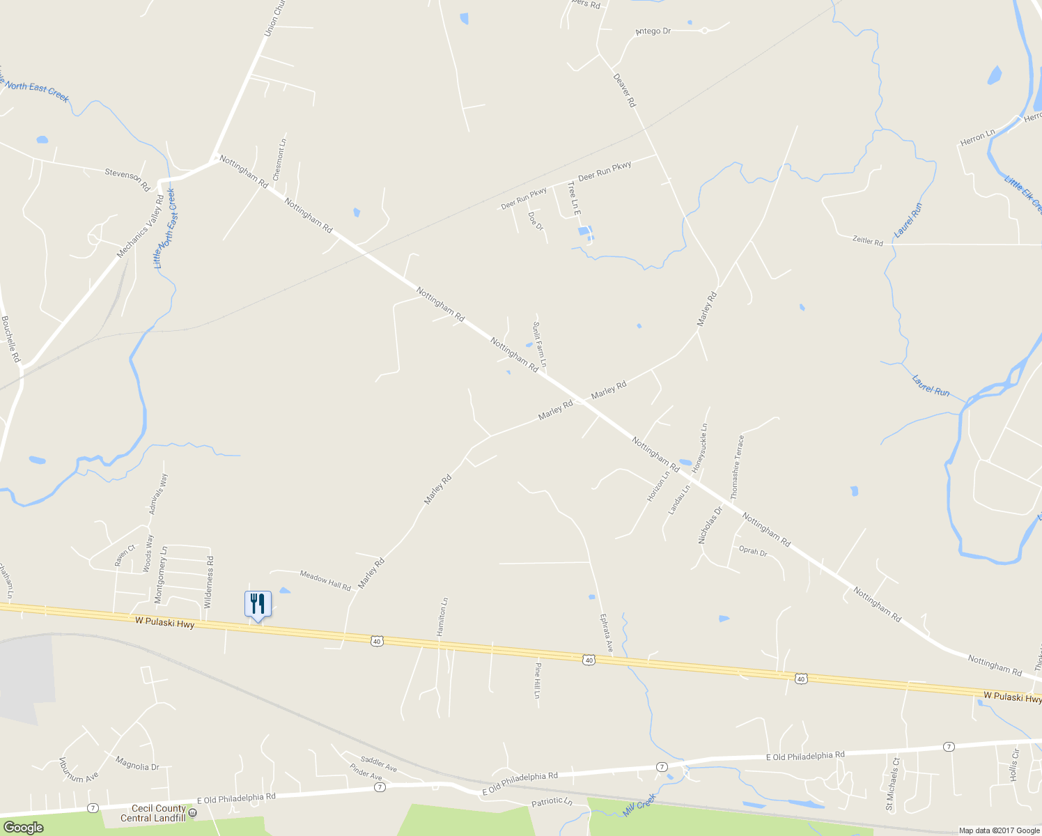 map of restaurants, bars, coffee shops, grocery stores, and more near 417 Marley Road in Elkton