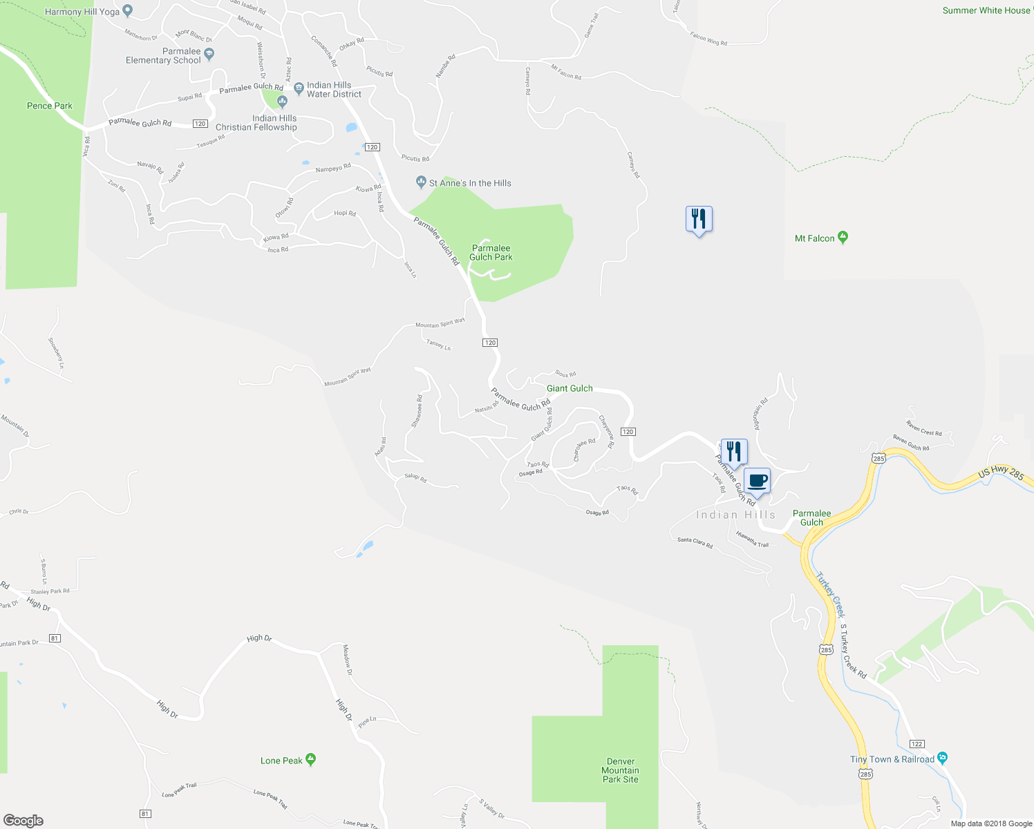 map of restaurants, bars, coffee shops, grocery stores, and more near 5145 Parmalee Gulch Road in Indian Hills