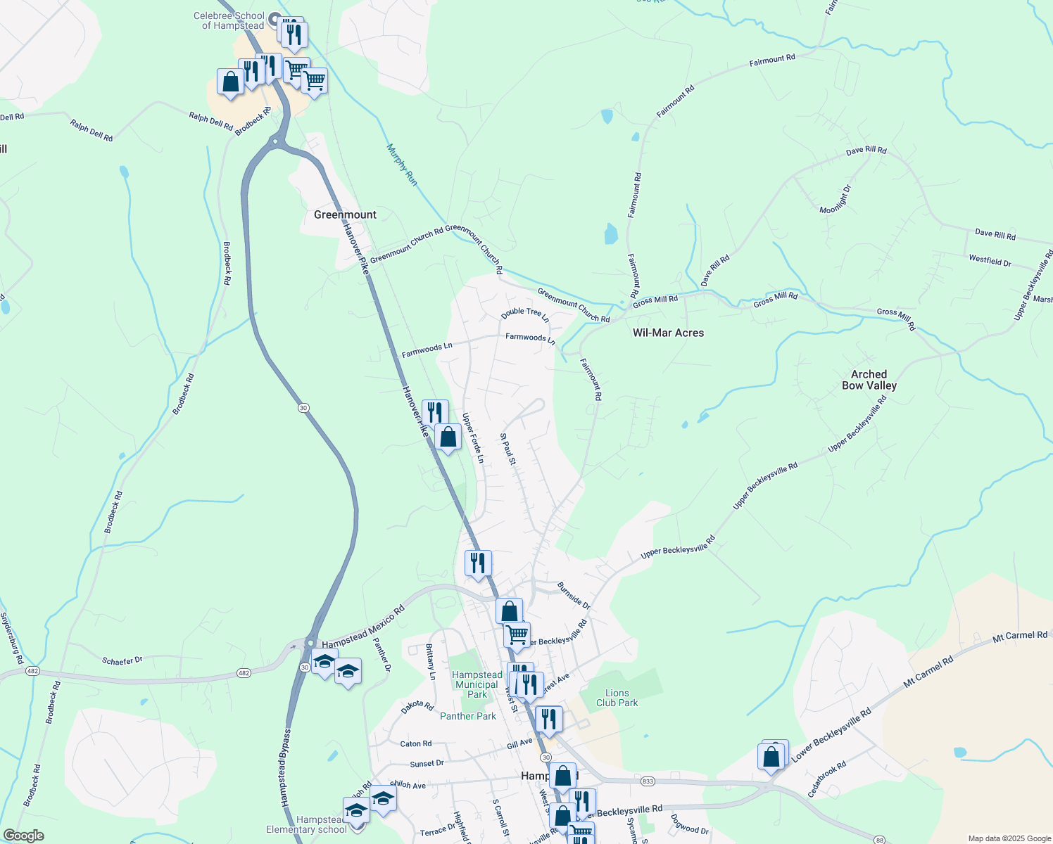map of restaurants, bars, coffee shops, grocery stores, and more near 1649 Saint Paul Street in Hampstead