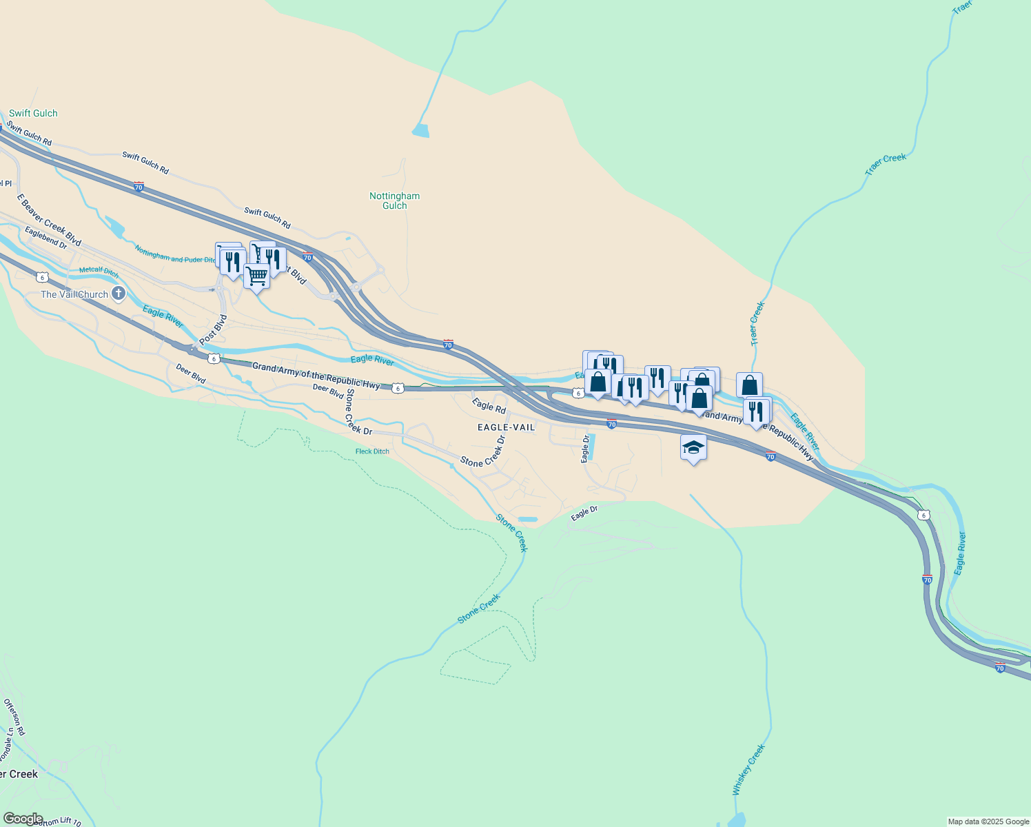 map of restaurants, bars, coffee shops, grocery stores, and more near 211 Eagle Road in Vail