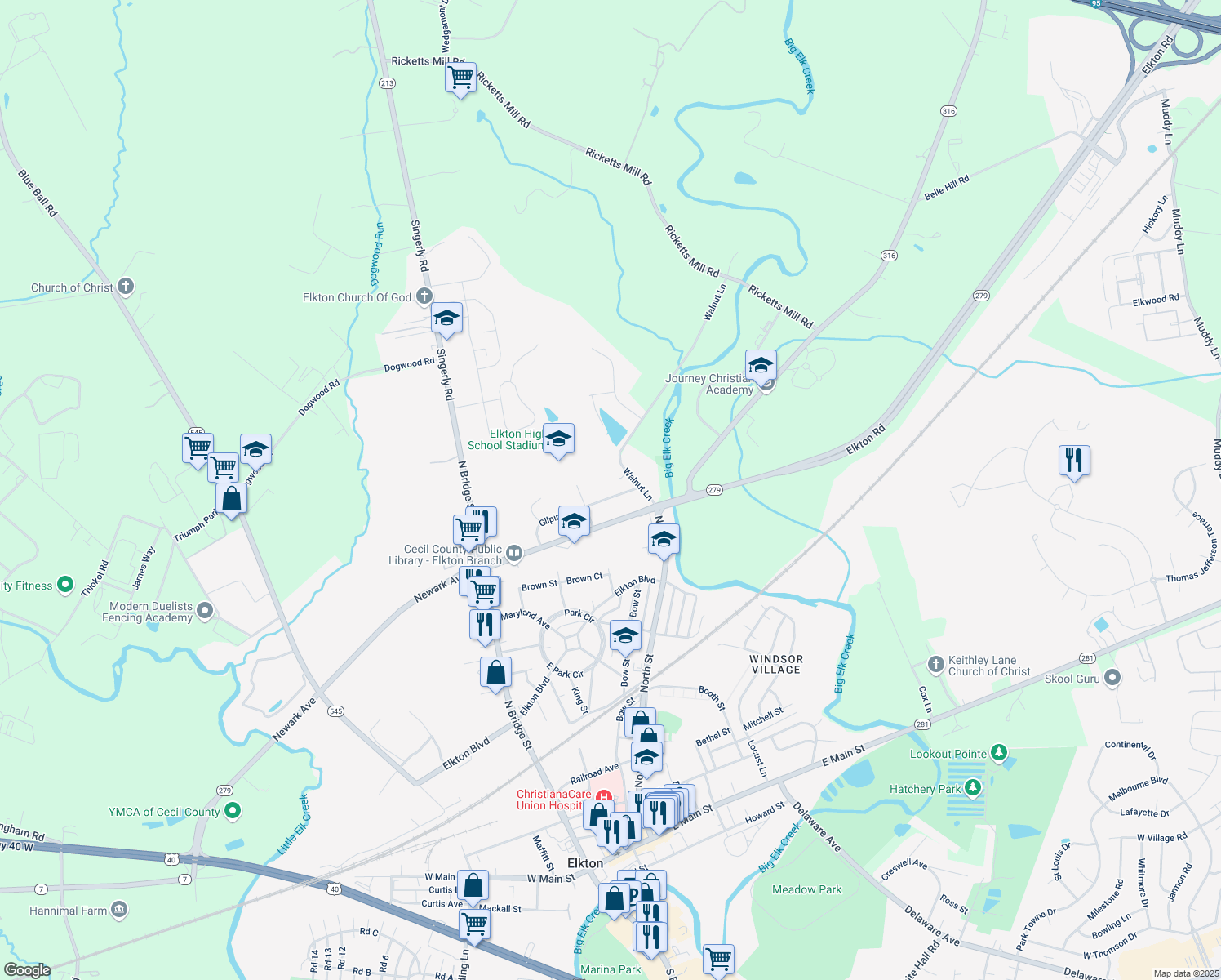 map of restaurants, bars, coffee shops, grocery stores, and more near 105 Gilpin Avenue in Elkton