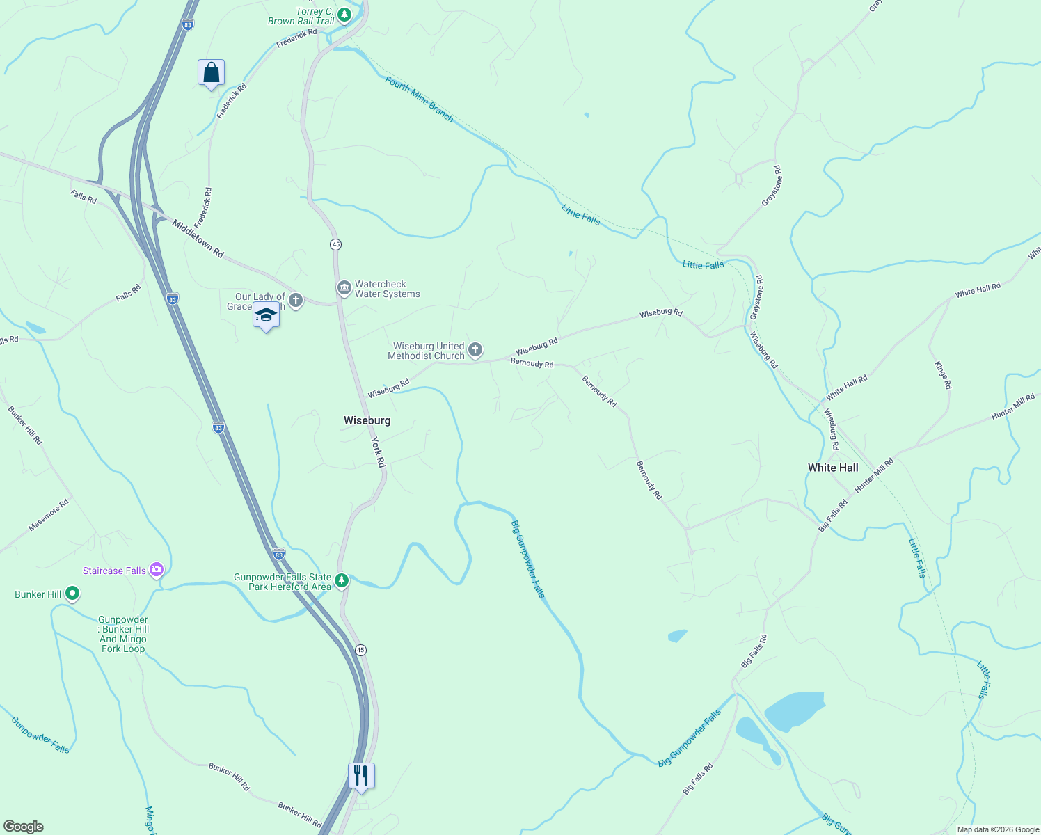 map of restaurants, bars, coffee shops, grocery stores, and more near 913A Bernoudy Road in White Hall