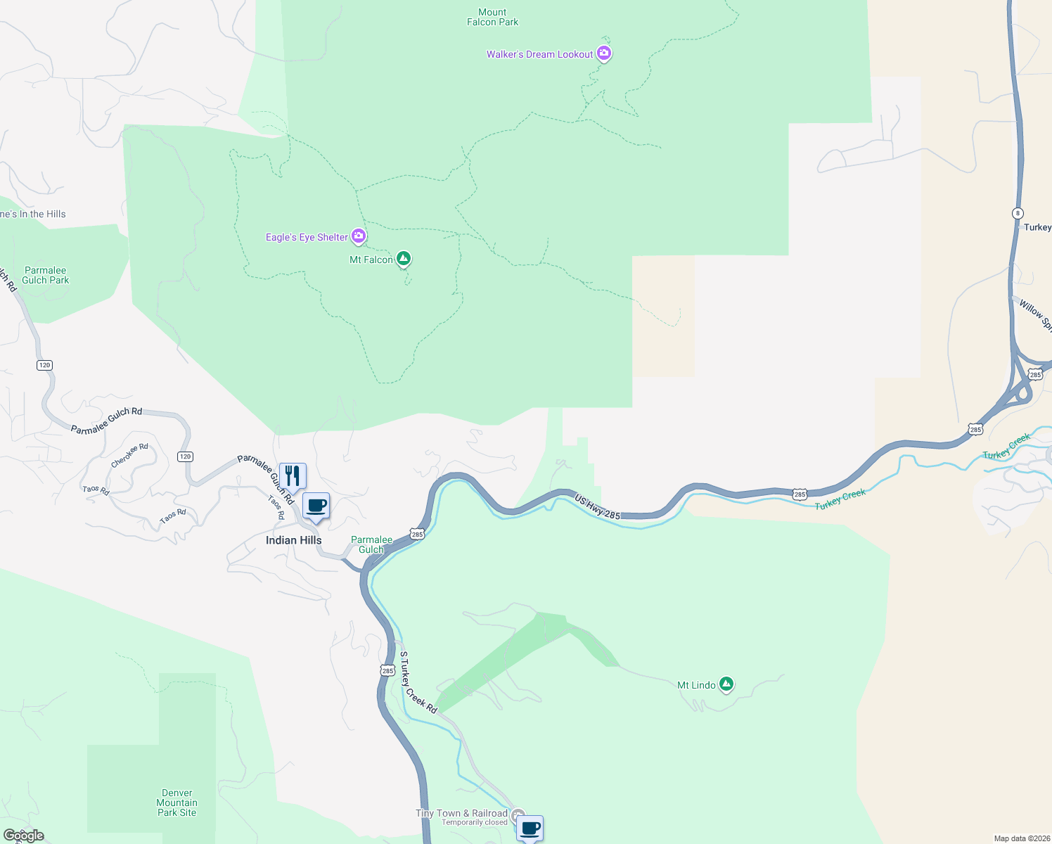 map of restaurants, bars, coffee shops, grocery stores, and more near 5405 US Highway 285 in Morrison