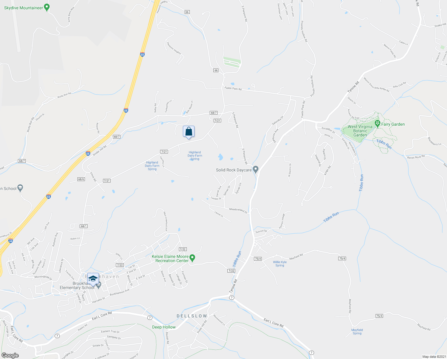 map of restaurants, bars, coffee shops, grocery stores, and more near 3417 Darrah Court in Morgantown