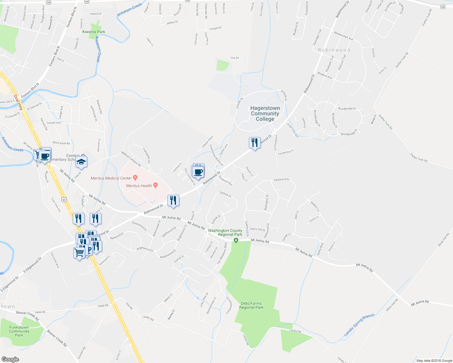 map of restaurants, bars, coffee shops, grocery stores, and more near Rosebank Way in Hagerstown