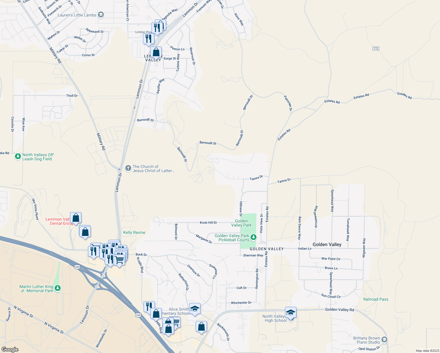map of restaurants, bars, coffee shops, grocery stores, and more near 7665 Tamra Drive in Reno