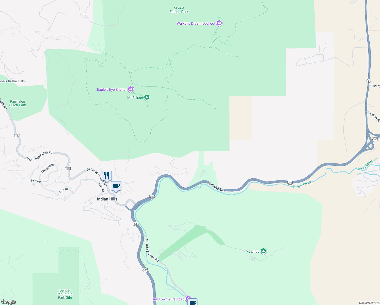 map of restaurants, bars, coffee shops, grocery stores, and more near 5405 US Highway 285 in Morrison