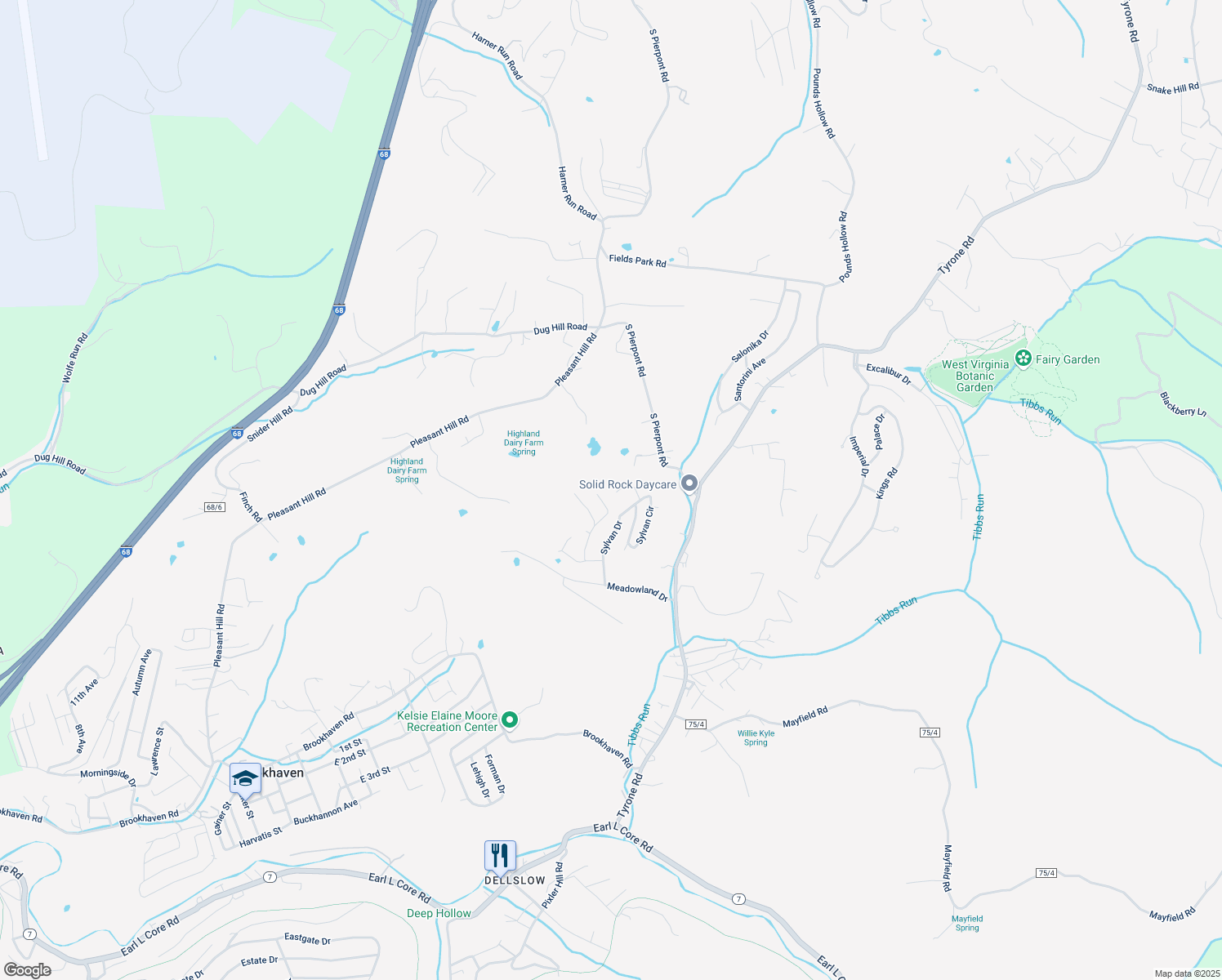map of restaurants, bars, coffee shops, grocery stores, and more near 3417 Darrah Court in Morgantown