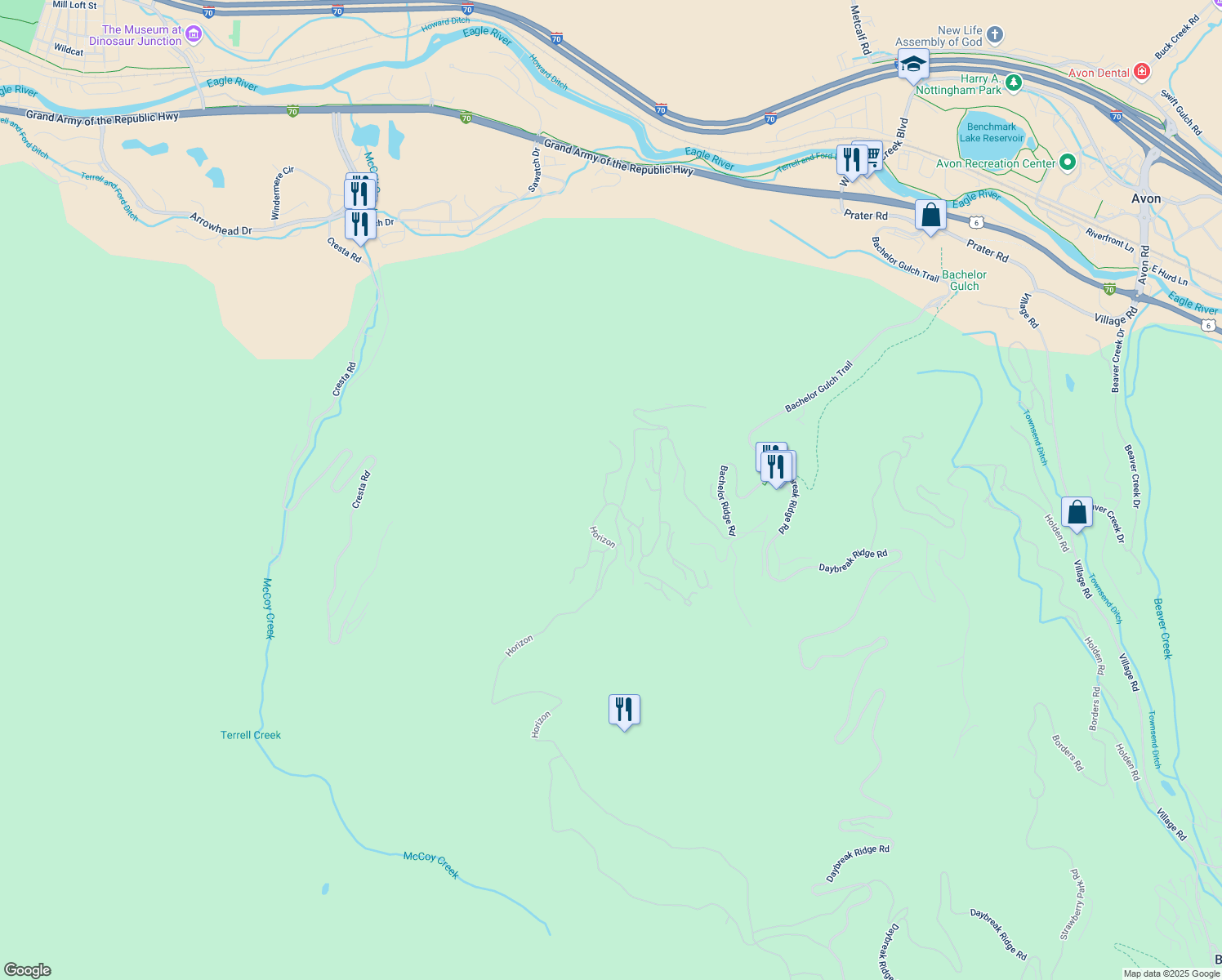 map of restaurants, bars, coffee shops, grocery stores, and more near 93 Peak View in Edwards