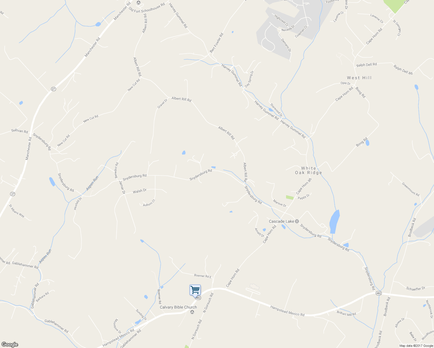 map of restaurants, bars, coffee shops, grocery stores, and more near 2519 Snydersburg Road in Hampstead