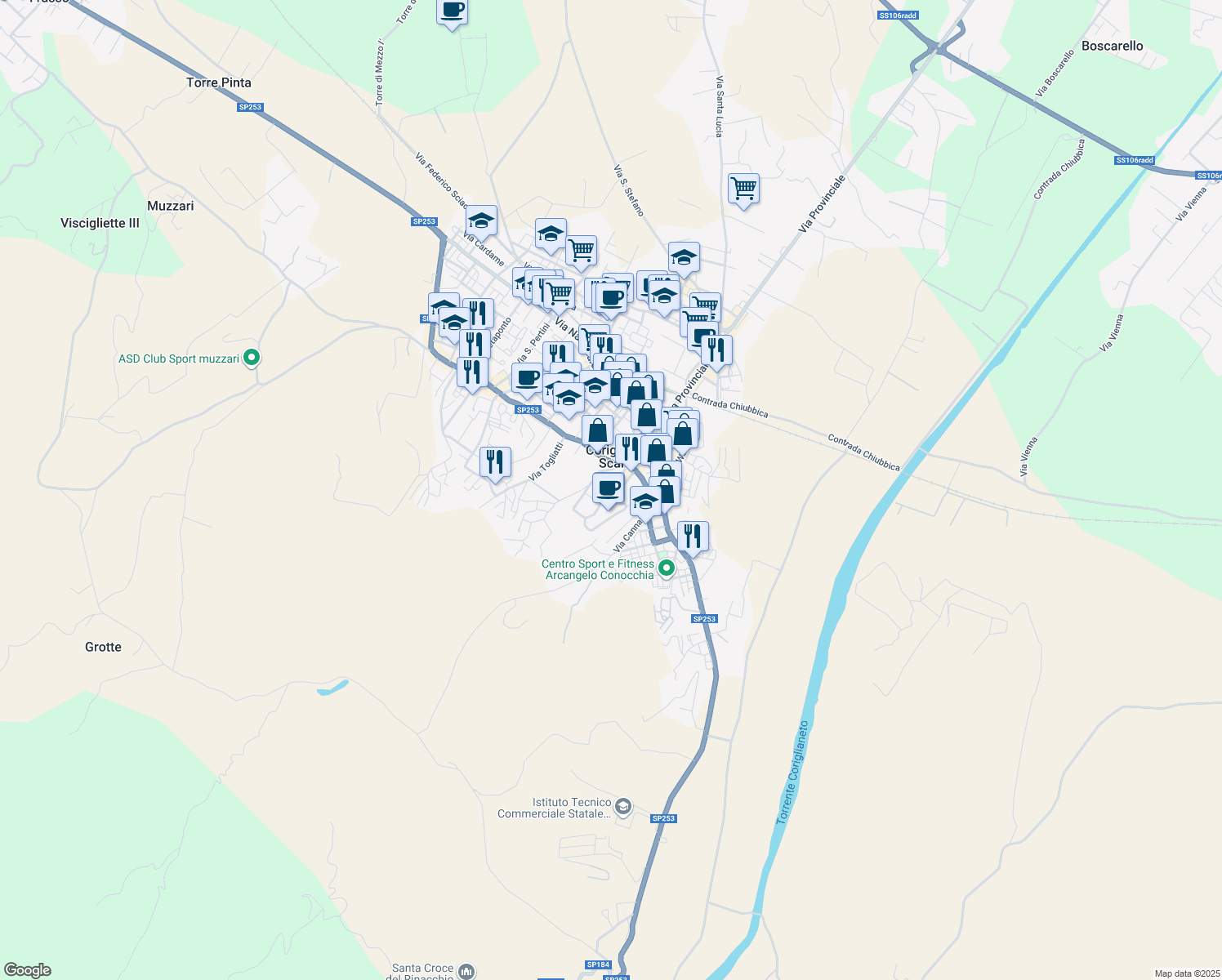 map of restaurants, bars, coffee shops, grocery stores, and more near in Corigliano Scalo