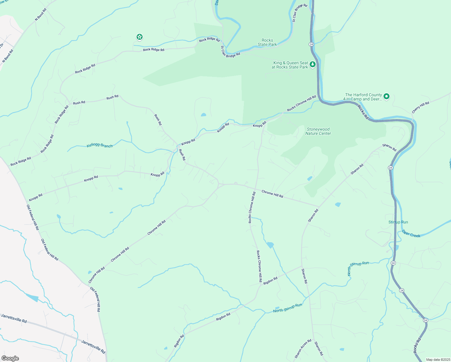 map of restaurants, bars, coffee shops, grocery stores, and more near 1224 Chrome Hill Road in Jarrettsville