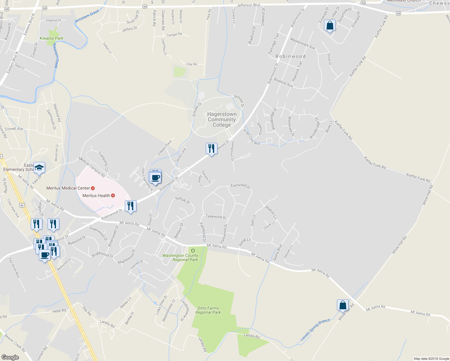map of restaurants, bars, coffee shops, grocery stores, and more near 11203 Grouse Lane South in Hagerstown