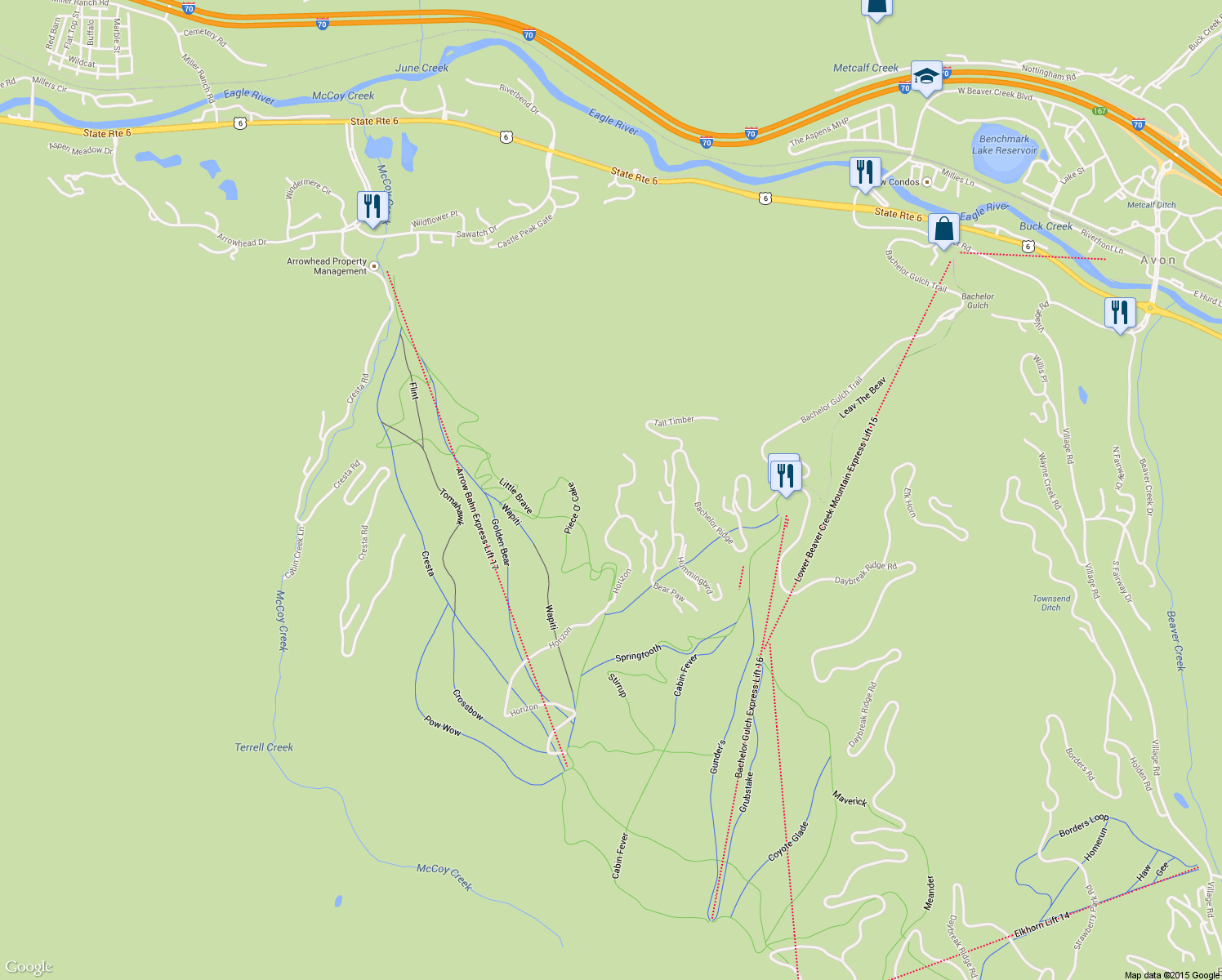 map of restaurants, bars, coffee shops, grocery stores, and more near 93 Peak View in Edwards