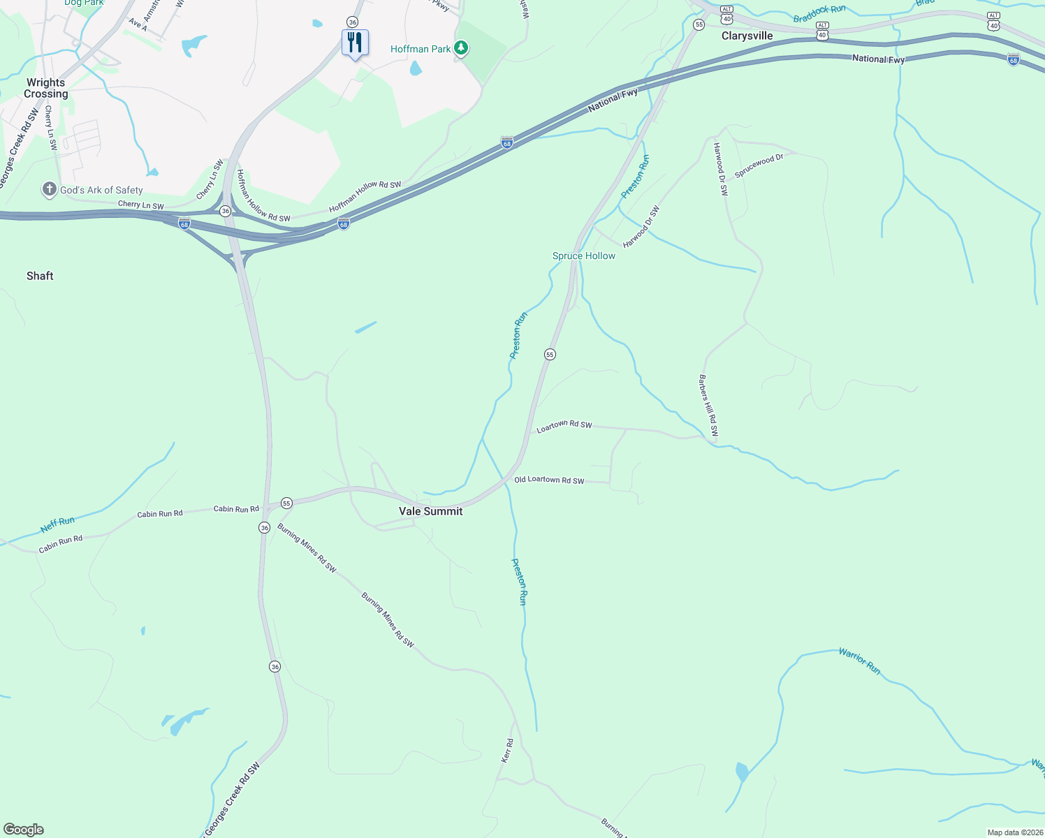 map of restaurants, bars, coffee shops, grocery stores, and more near 12315 Vale Summit Road Southwest in Frostburg