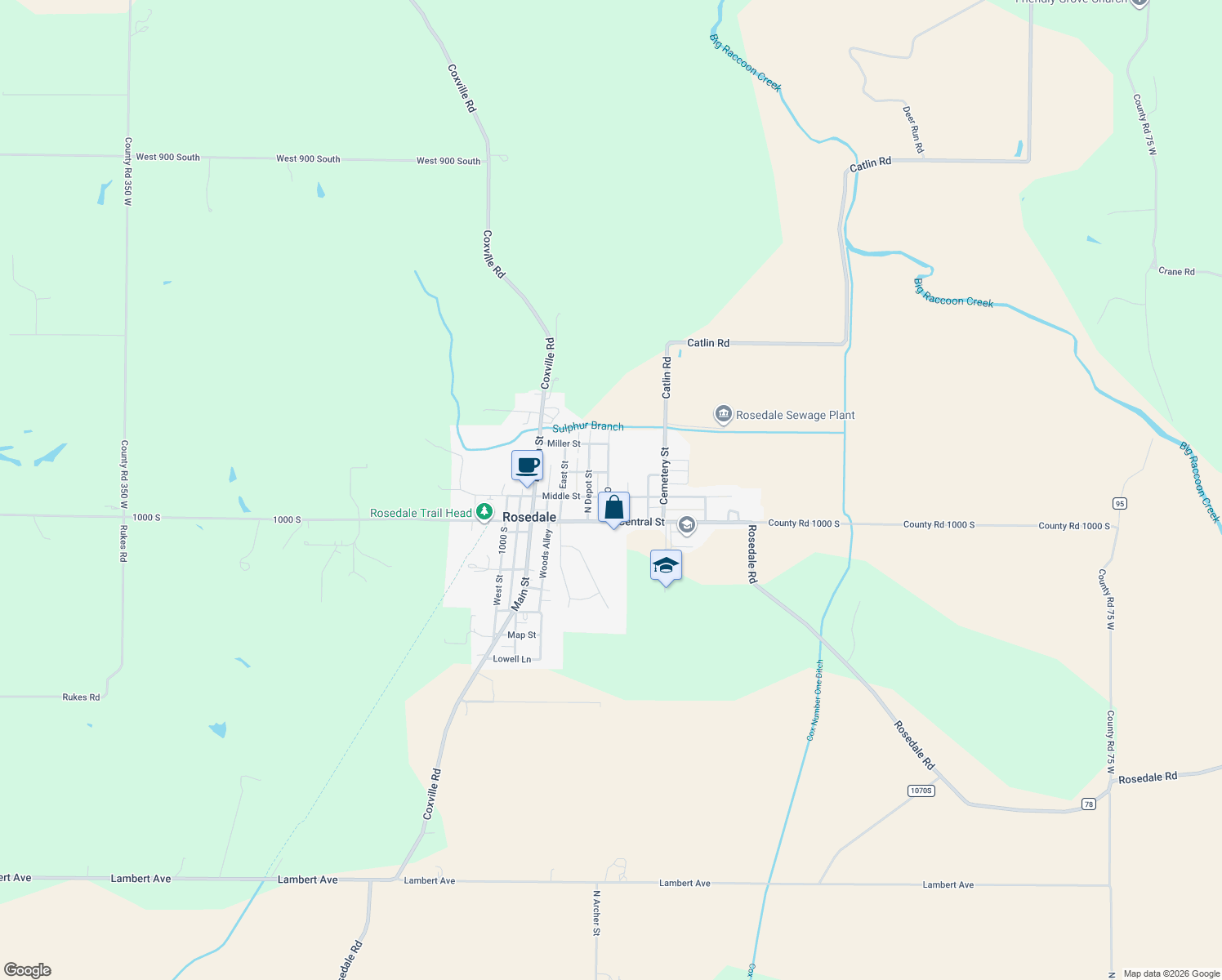 map of restaurants, bars, coffee shops, grocery stores, and more near 124 North Oak Street in Rosedale