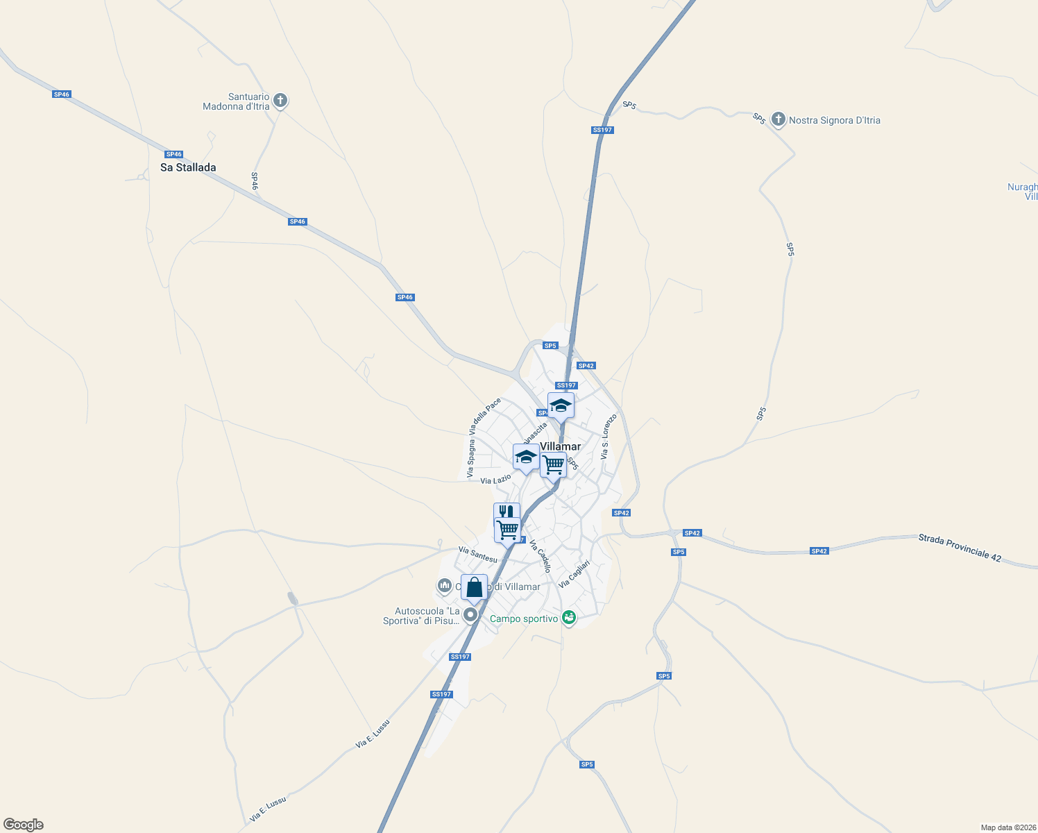 map of restaurants, bars, coffee shops, grocery stores, and more near 10 Via dell'Alleanza in Villamar