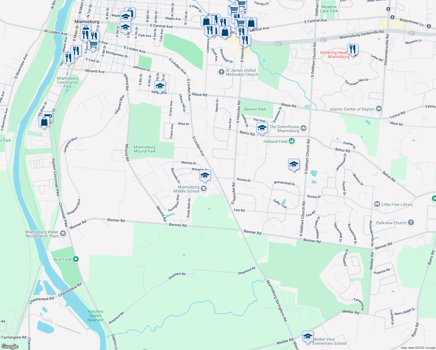 map of restaurants, bars, coffee shops, grocery stores, and more near 1162 South Linden Avenue in Miamisburg