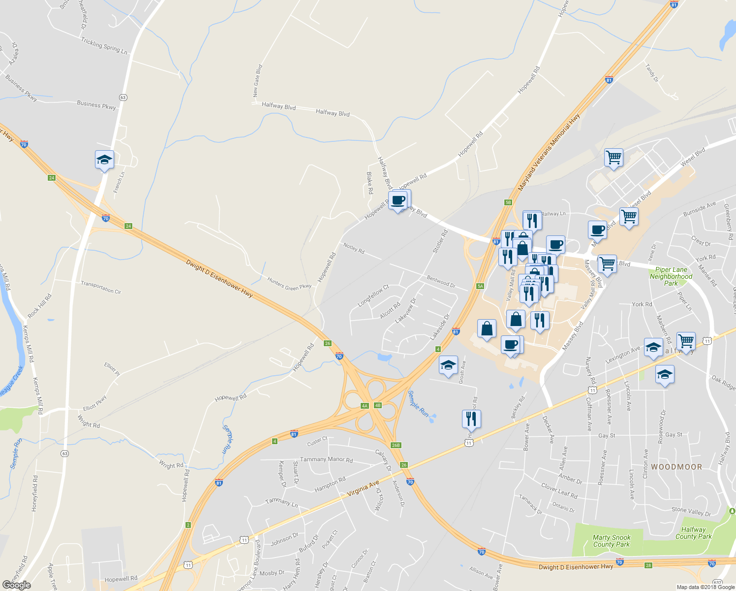 map of restaurants, bars, coffee shops, grocery stores, and more near 16906 Longfellow Court in Hagerstown