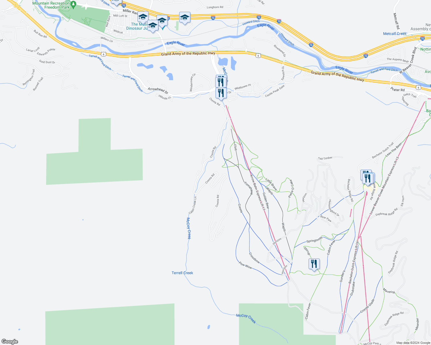 map of restaurants, bars, coffee shops, grocery stores, and more near Cresta Road in Eagle County