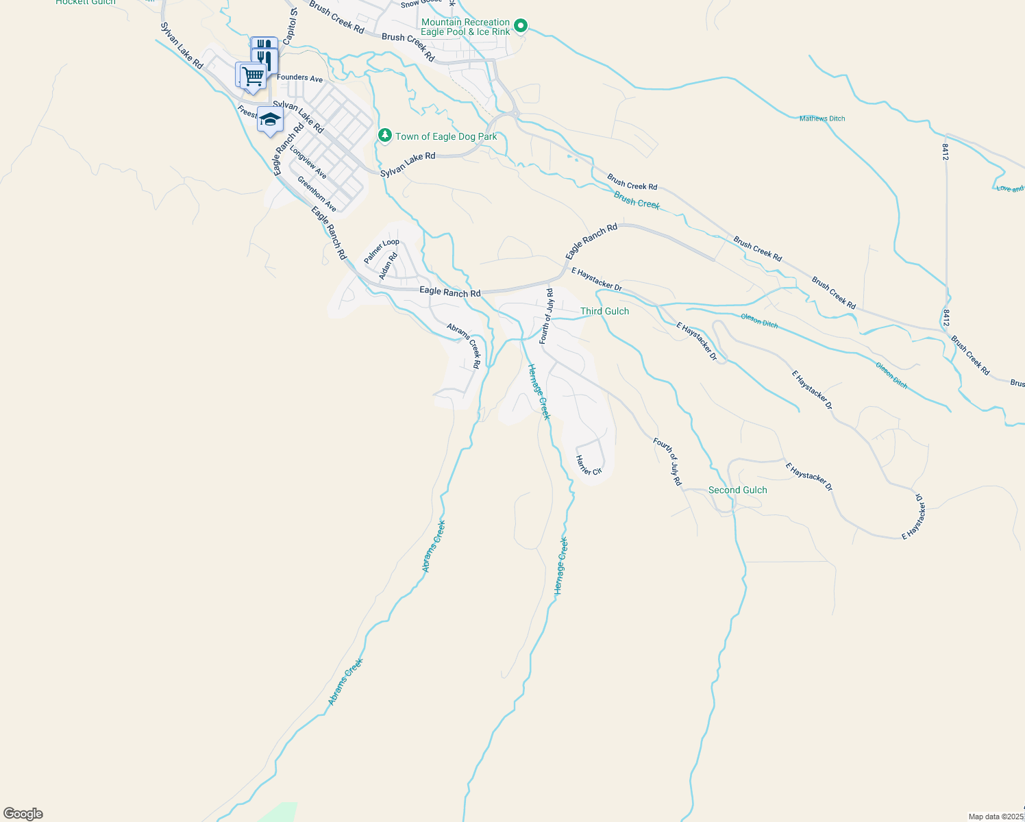 map of restaurants, bars, coffee shops, grocery stores, and more near 190 Bunkhouse Pl in Eagle