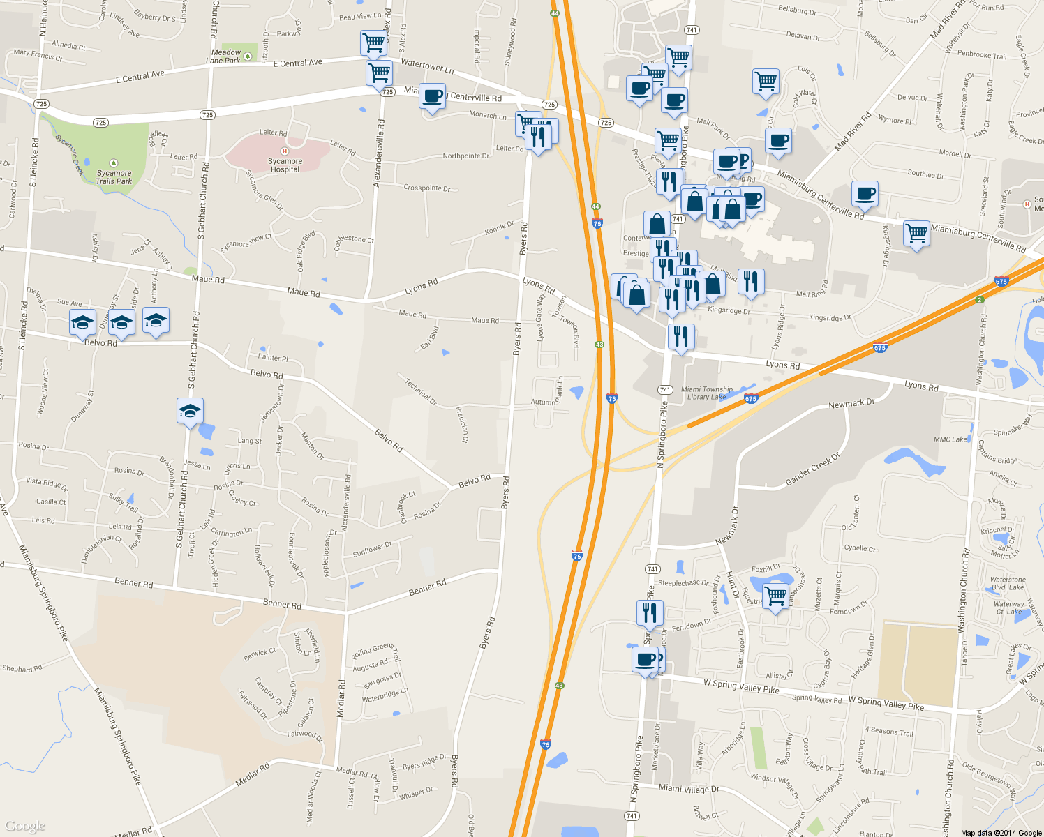 map of restaurants, bars, coffee shops, grocery stores, and more near 8528 Byers Road in Miamisburg