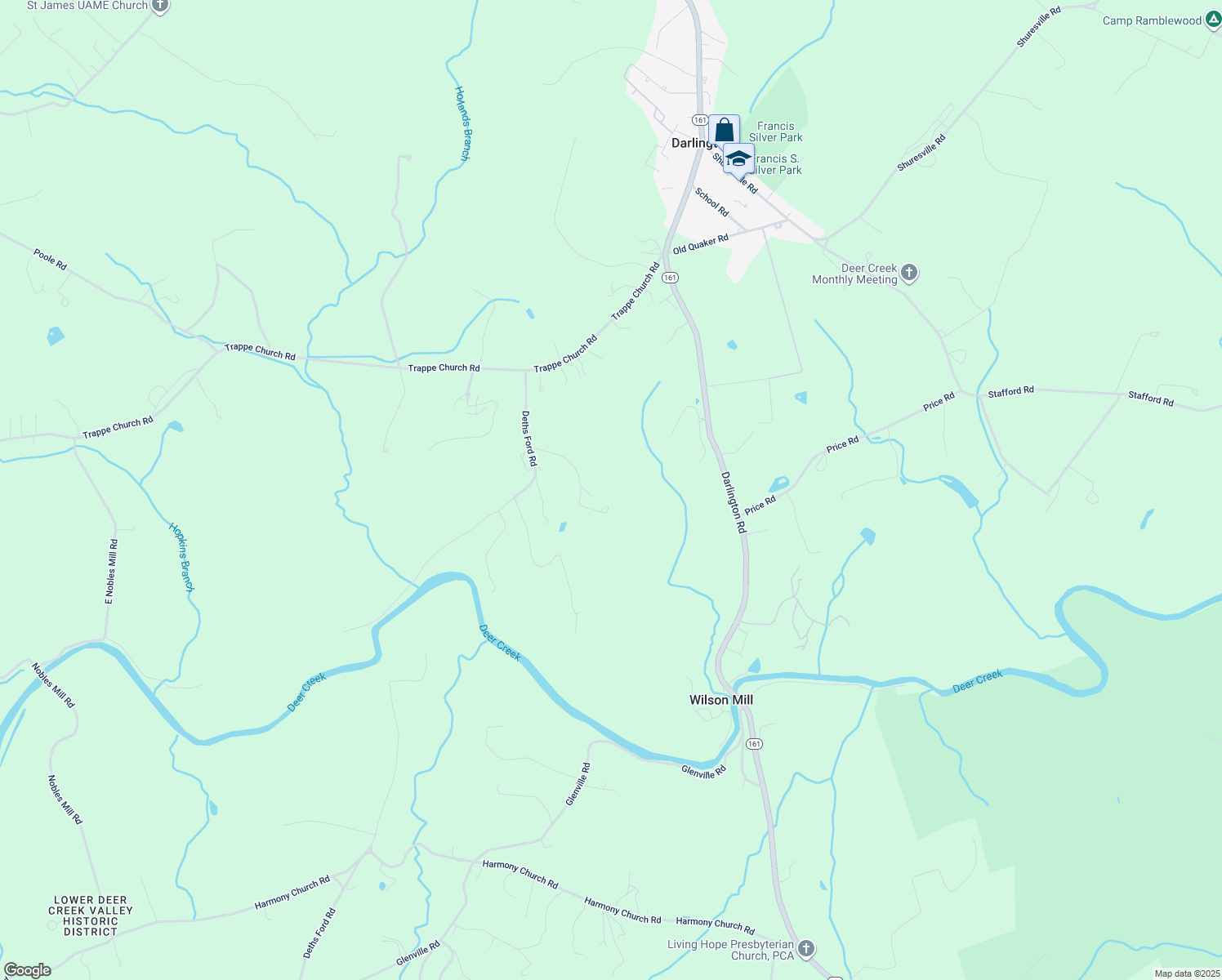 map of restaurants, bars, coffee shops, grocery stores, and more near 3201 Deths Ford Road in Darlington