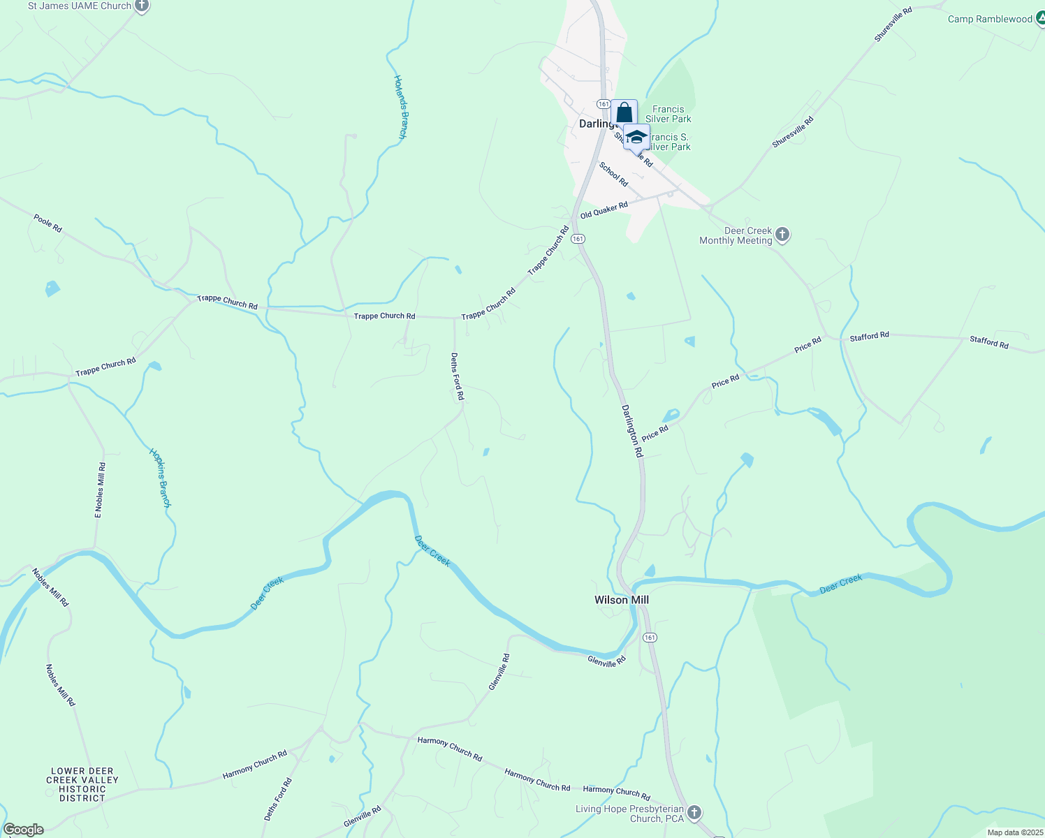 map of restaurants, bars, coffee shops, grocery stores, and more near 3201 Deths Ford Road in Darlington