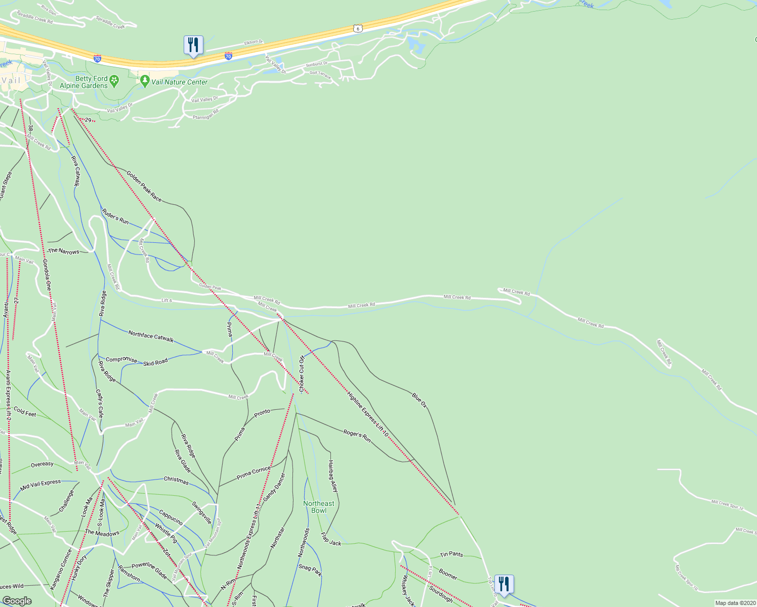 map of restaurants, bars, coffee shops, grocery stores, and more near Mill Creek Road in Vail