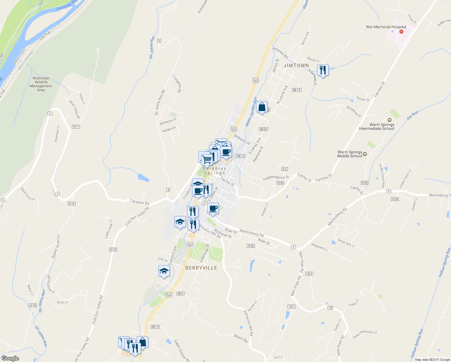 map of restaurants, bars, coffee shops, grocery stores, and more near 415 Fairfax St in Bath (Berkeley Springs)
