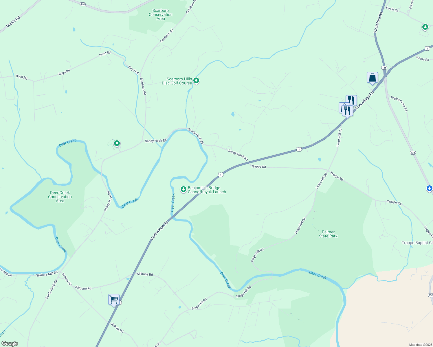 map of restaurants, bars, coffee shops, grocery stores, and more near 3106 Conowingo Road in Street