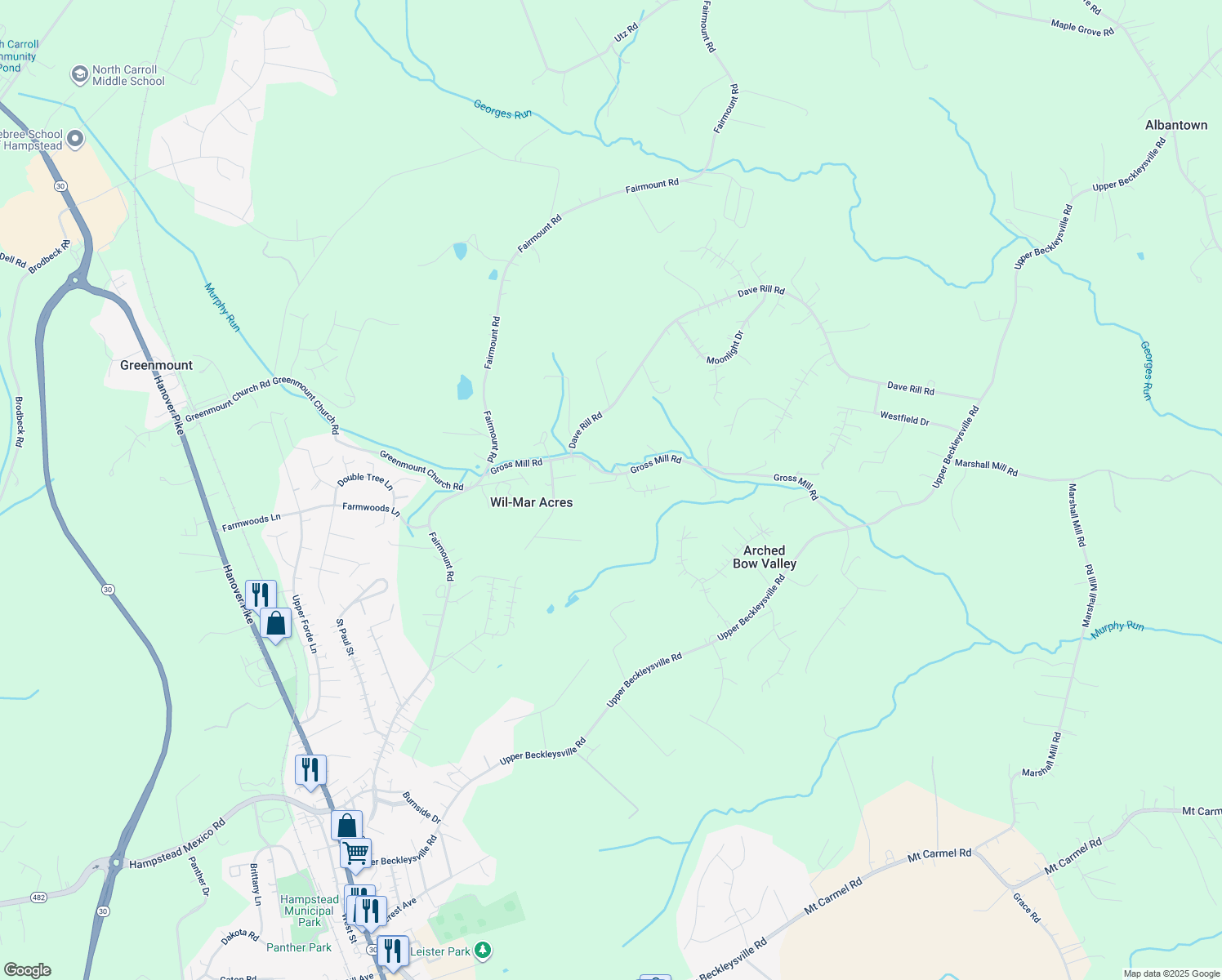 map of restaurants, bars, coffee shops, grocery stores, and more near 4495 Gross Mill Road in Hampstead