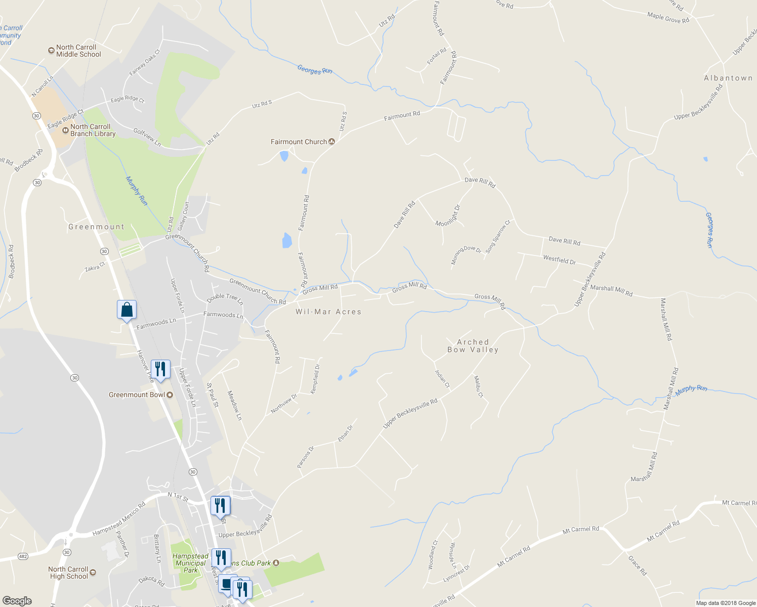 map of restaurants, bars, coffee shops, grocery stores, and more near 4495 Gross Mill Road in Hampstead