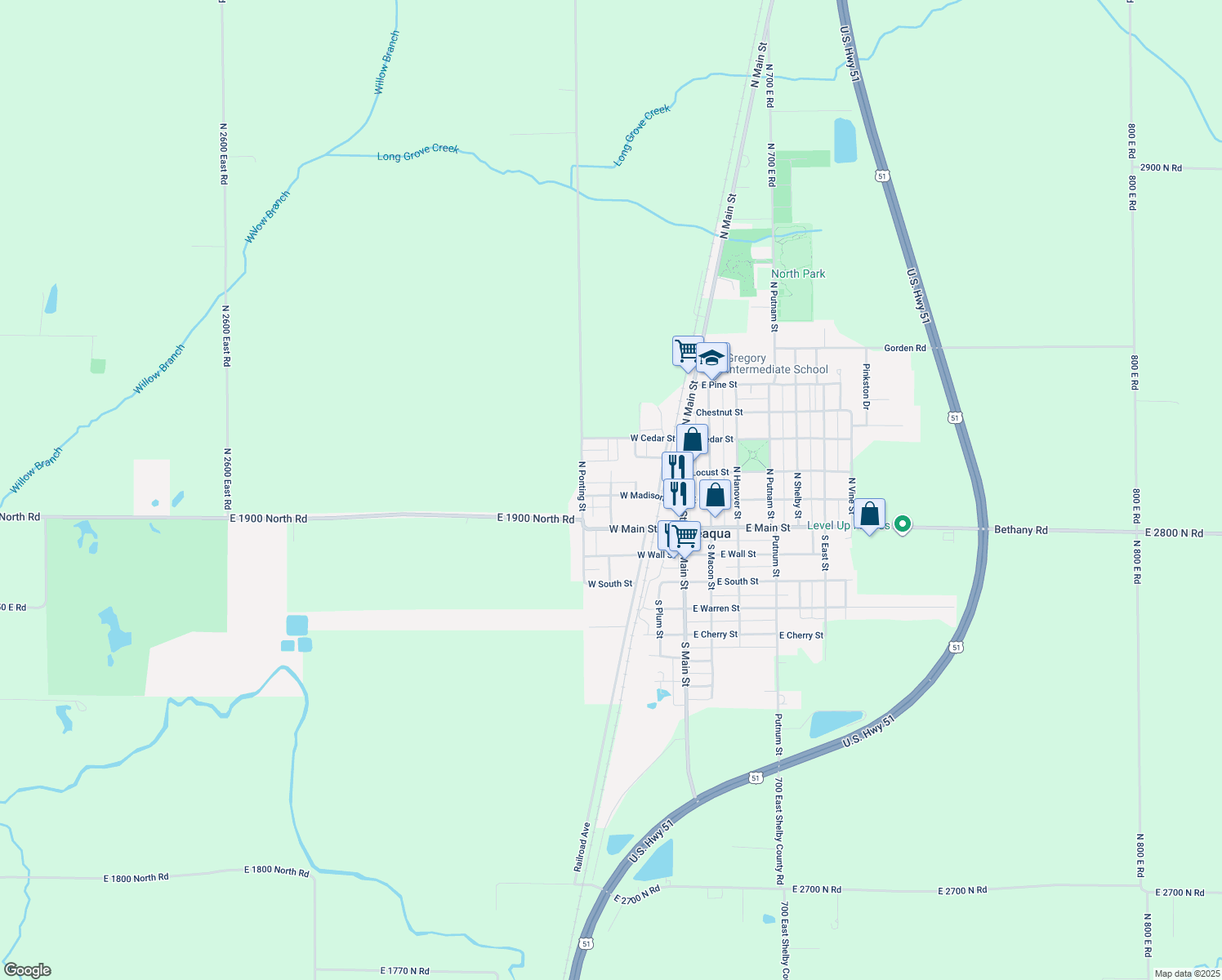map of restaurants, bars, coffee shops, grocery stores, and more near 230 North Franklin Street in Moweaqua